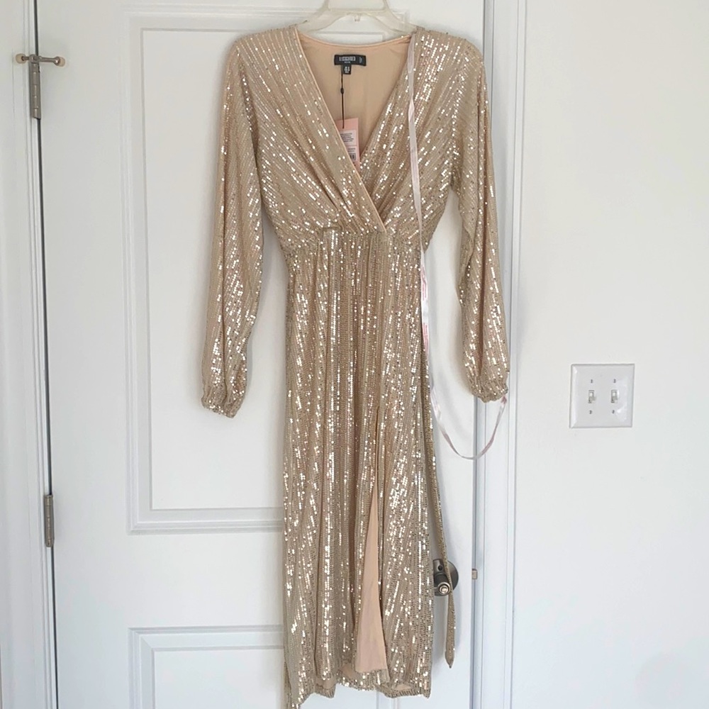 Misguided midi sequin dress with slit, US size 6 petite. Champagne color.